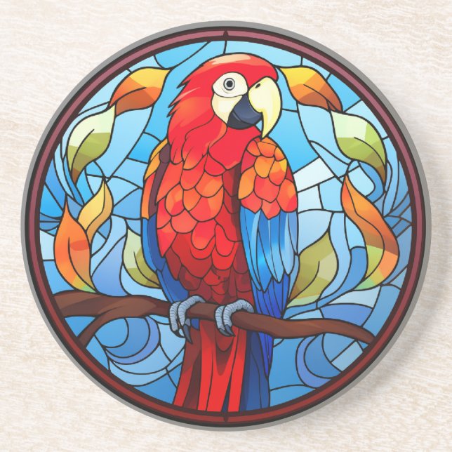 Sweet Stained Glass Scarlet Macaw Parrot Bird Coaster (Front)