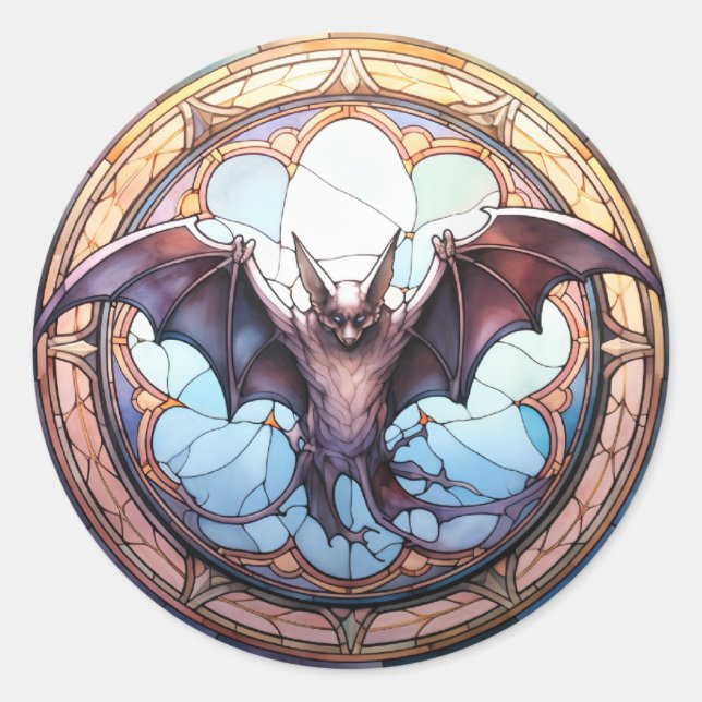 Sweet Stained Glass Spooky Flying Bat Classic Round Sticker (Front)