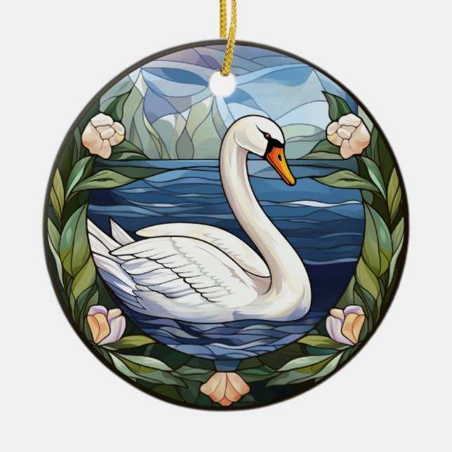 Sweet Stained Glass Swimming Swan Ceramic Tree Decoration (Front)