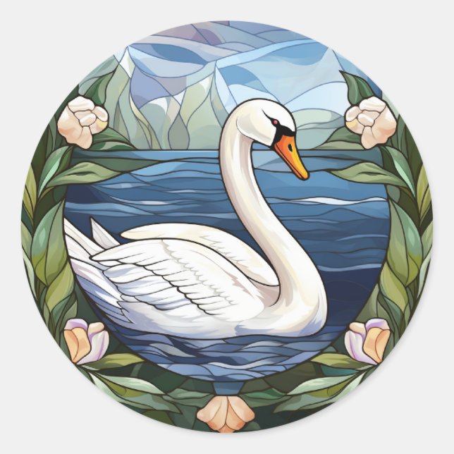 Sweet Stained Glass Swimming Swan Classic Round Sticker (Front)