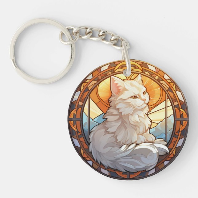 Sweet Stained Glass White Cat Key Ring (Front)
