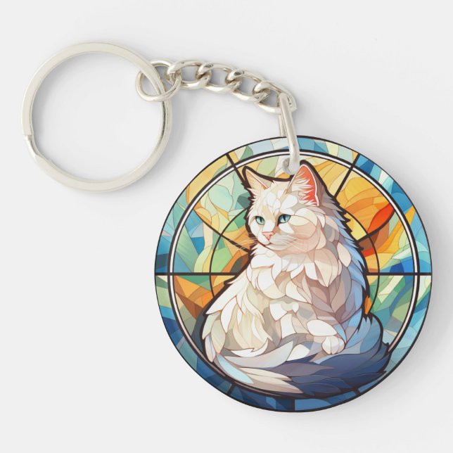 Sweet Stained Glass White Cat Key Ring (Front)