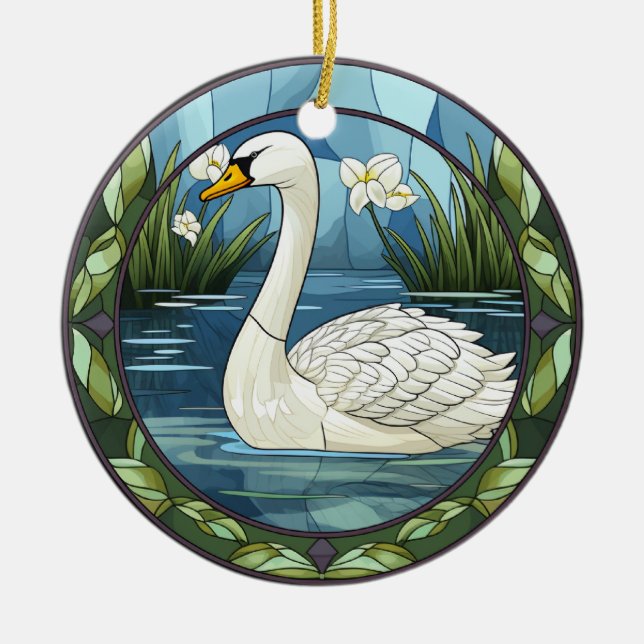 Sweet Stained Glass White Swan Ceramic Tree Decoration (Front)