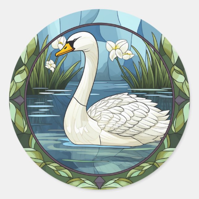 Sweet Stained Glass White Swan Classic Round Sticker (Front)