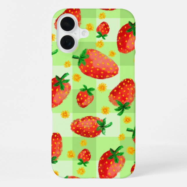 Sweet Strawberries and Daisies Watercolor Plaid iPhone Case (Back)