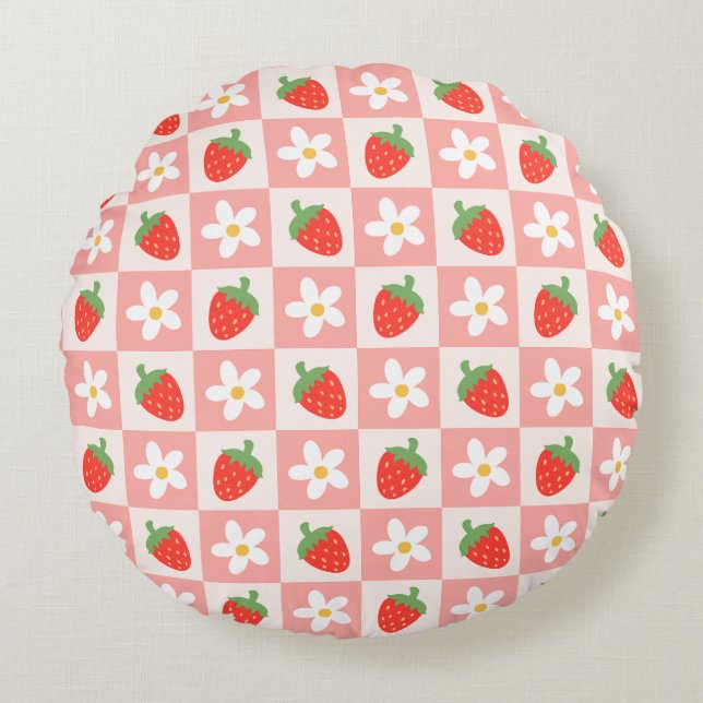 Sweet Strawberries & Flowers Round Pillow (Front)