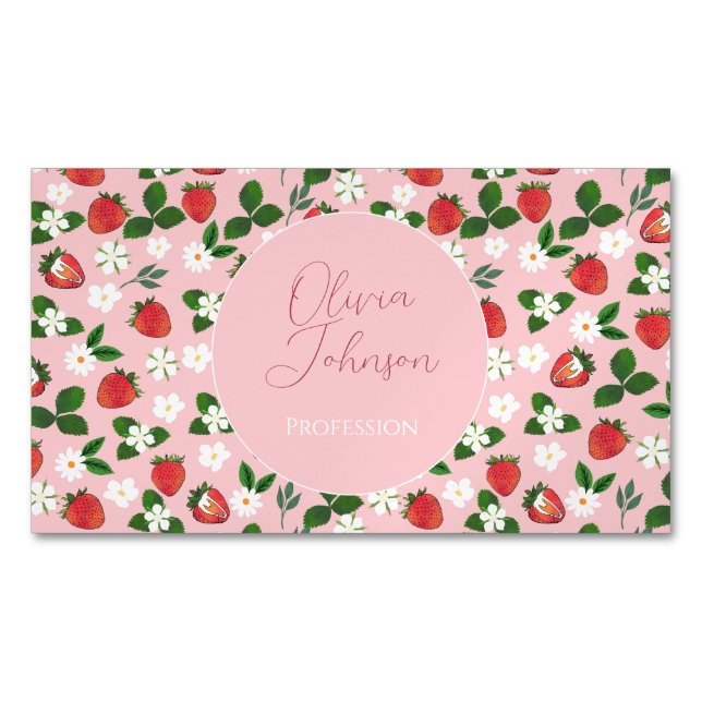 Sweet Strawberries Flowers Watercolor Floral Magnetic Business Card (Front)