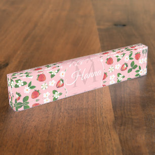 Sweet Strawberries Flowers Watercolor Floral Nameplate