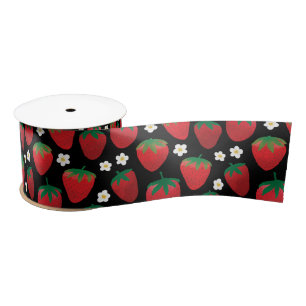 Sweet Strawberries Pattern on Black Satin Ribbon
