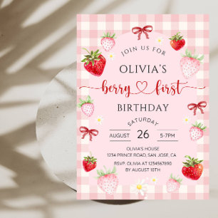 Sweet Strawberry 1st Birthday Party for Girls Invitation