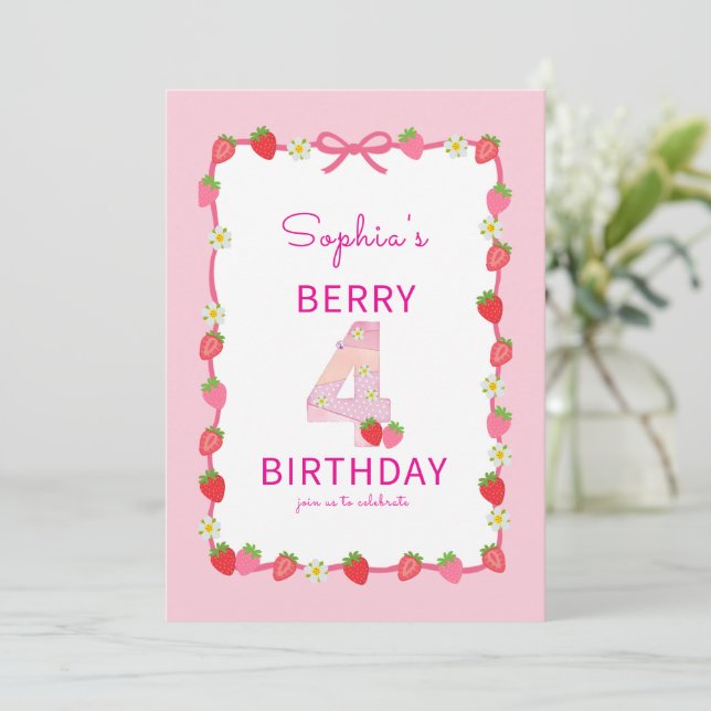 Sweet Strawberry 4th Birthday Invitation (Standing Front)