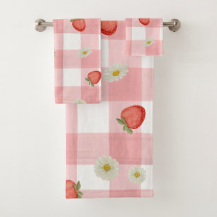 Sweet Strawberry and Daisy Pink Gingham Summer Bath Towel Set