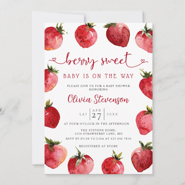 Sweet Strawberry Baby Shower Invitation | Berry (Front)