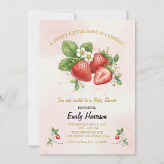 Sweet Strawberry baby shower pink watercolor  Invitation