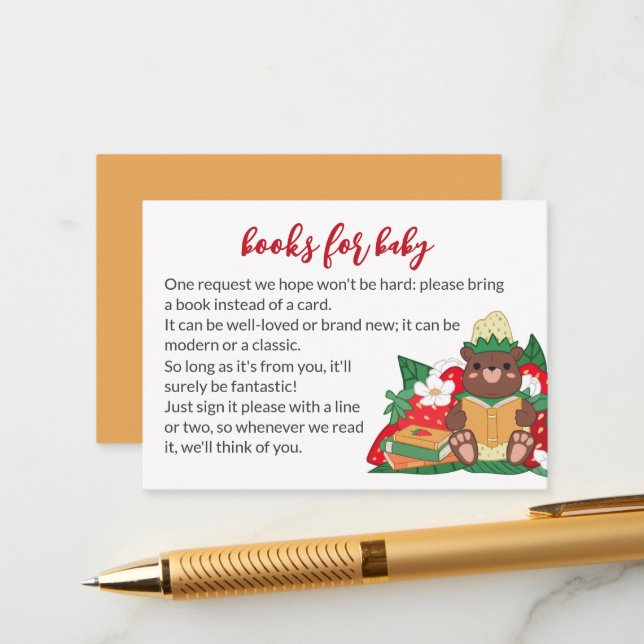Sweet Strawberry Bear Bring Books Baby Shower Enclosure Card (Front/Back In Situ)