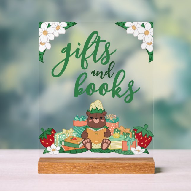 Sweet Strawberry Bear Gifts Books Baby Shower Acrylic Sign (Neutral)