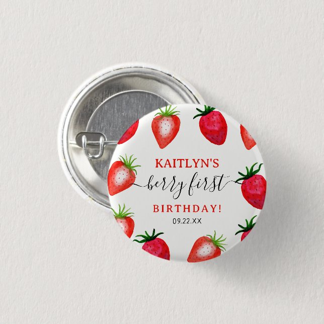 Sweet Strawberry Berry First 1st Birthday 3 Cm Round Badge (Front & Back)