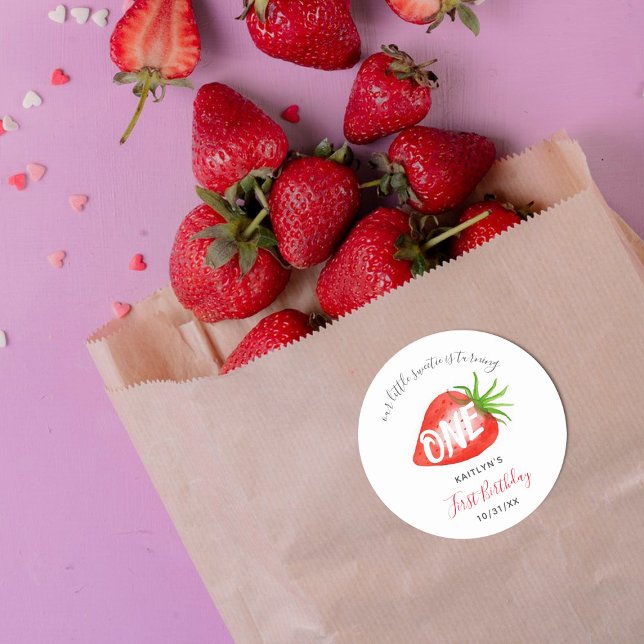 Sweet Strawberry Berry First 1st Birthday Classic Round Sticker (Creator Uploaded)