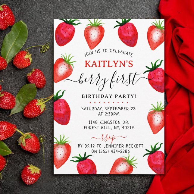Sweet Strawberry Berry First 1st Birthday Invitation (Creator Uploaded)