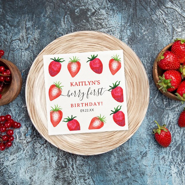 Sweet Strawberry Berry First 1st Birthday Napkin (Creator Uploaded)