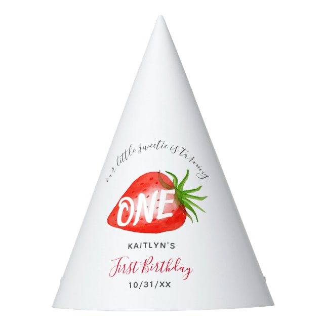 Sweet Strawberry Berry First 1st Birthday Party Hat (Front)