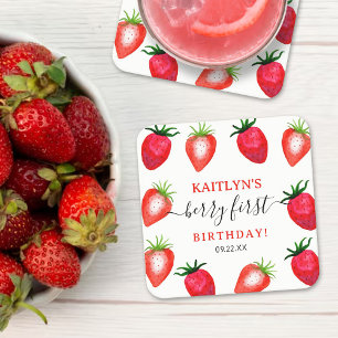Sweet Strawberry Berry First 1st Birthday Square Paper Coaster