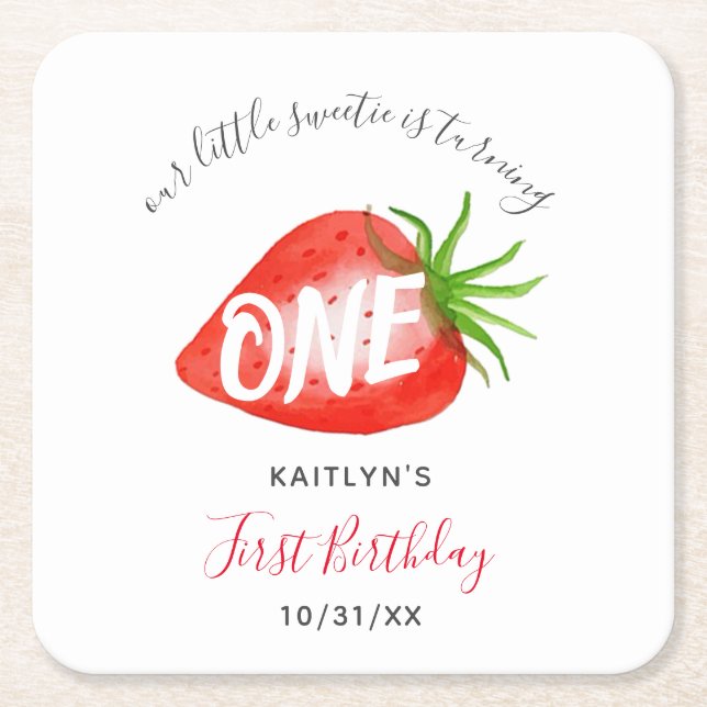 Sweet Strawberry Berry First 1st Birthday Square Paper Coaster (Front)