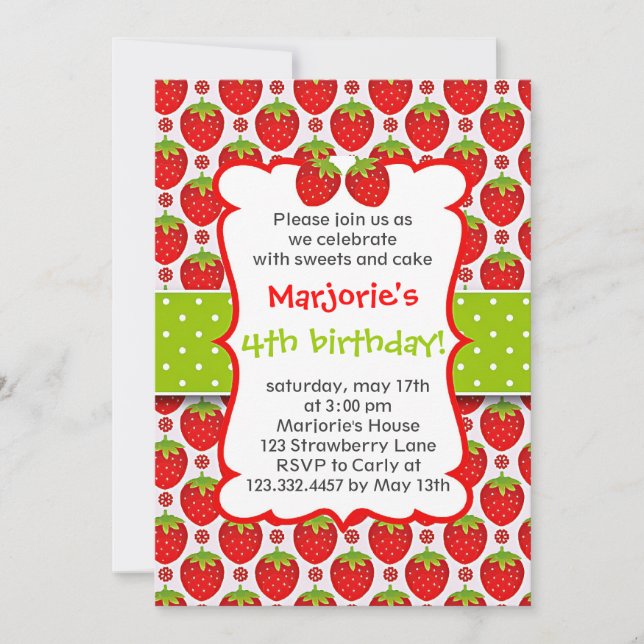 Sweet Strawberry Birthday Party Invitation (Front)