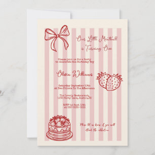 Sweet Strawberry Bow 1st Birthday Party Invitation