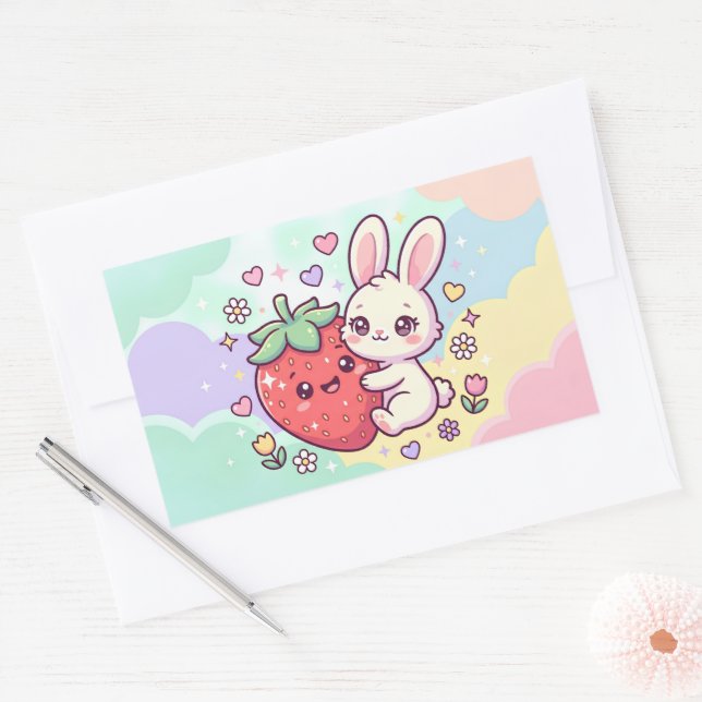 Sweet Strawberry Bunny Rectangular Sticker (Envelope)
