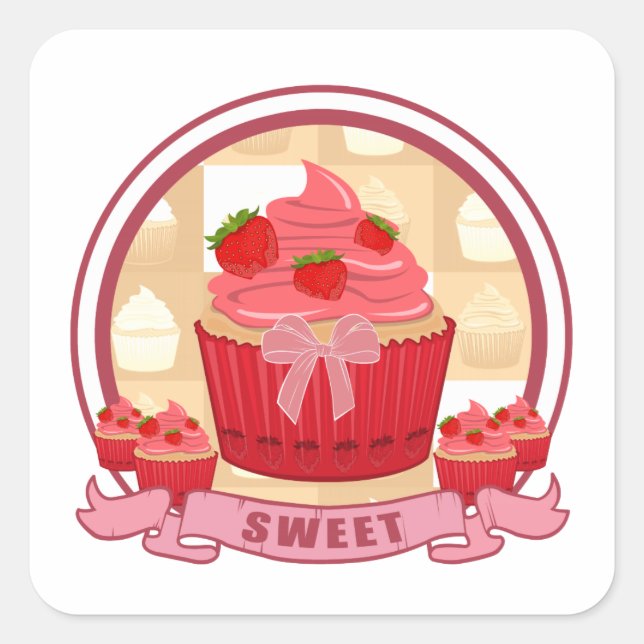 Sweet Strawberry Cupcake Square Sticker (Front)