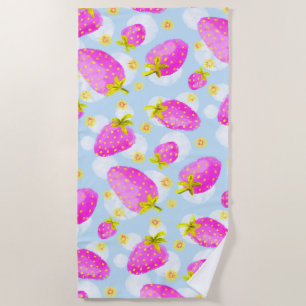 Sweet Strawberry Fields Pastel Blue Beach Towel