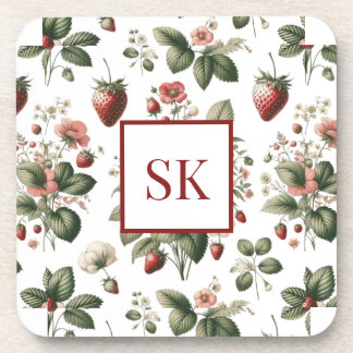 Sweet Strawberry & Floral Pattern Custom Monogram Coaster