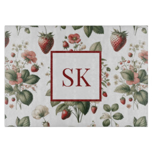 Sweet Strawberry & Floral Pattern Custom Monogram Cutting Board
