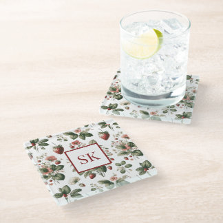 Sweet Strawberry & Floral Pattern Custom Monogram Glass Coaster