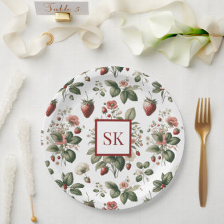 Sweet Strawberry & Floral Pattern Custom Monogram Paper Plate