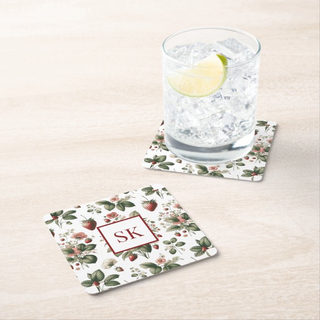 Sweet Strawberry & Floral Pattern Custom Monogram Square Paper Coaster (Insitu)