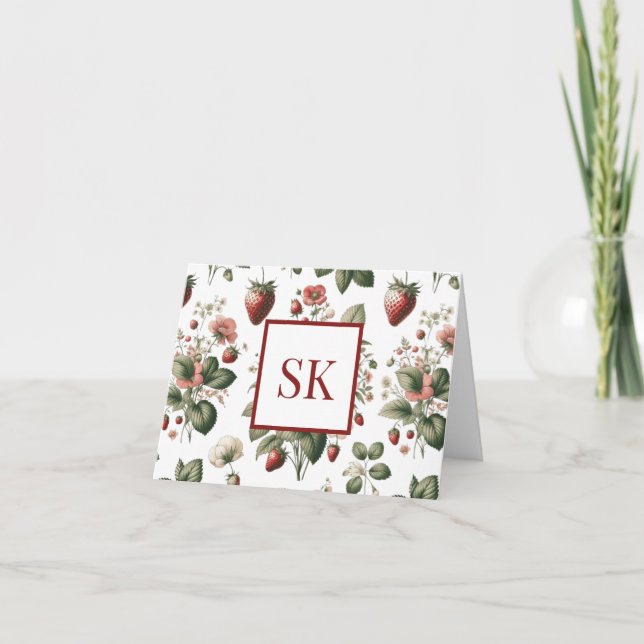 Sweet Strawberry & Floral Pattern Custom Monogram Thank You Card (Front)