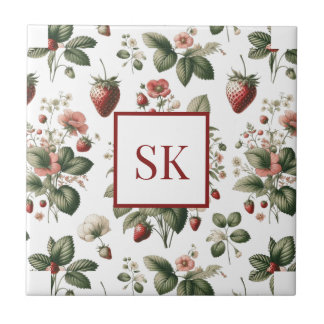 Sweet Strawberry & Floral Pattern Custom Monogram Tile