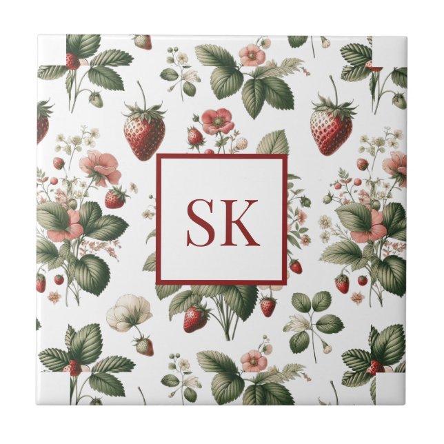 Sweet Strawberry & Floral Pattern Custom Monogram Tile (Front)