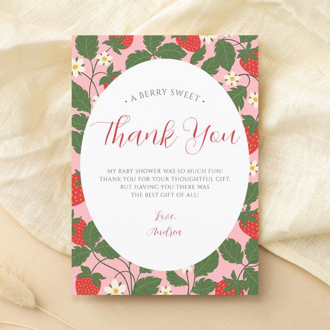 Sweet Strawberry Floral Vine Pink Girl Baby Shower Thank You Card (Creator Uploaded)