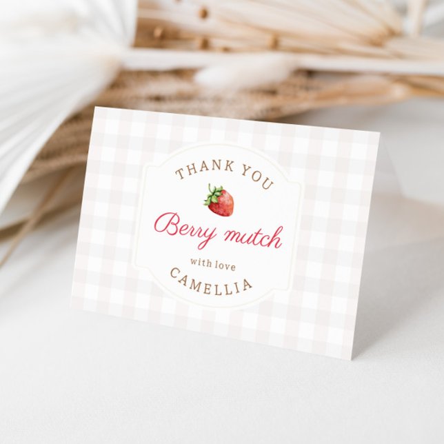  Sweet Strawberry Gingham Birthday Party Thank You Card (Creator Uploaded)
