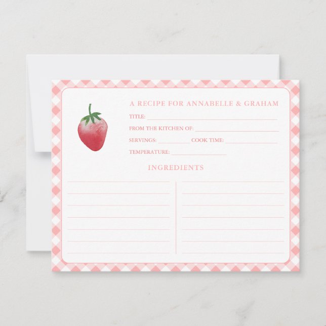 Sweet Strawberry Gingham Bridal Shower Recipe Card (Front)