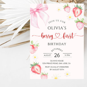 Sweet Strawberry Girl 1st Birthday Party Invitation