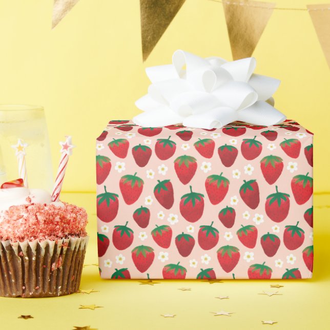 Sweet Strawberry Pattern on Blush Wrapping Paper (Birthday Party)