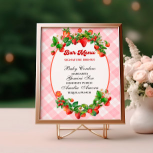 Sweet Strawberry Pink Gingham Bar Menu Shower Poster