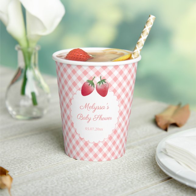 Sweet Strawberry Pink Gingham Picnic Baby Shower Paper Cups (Insitu)