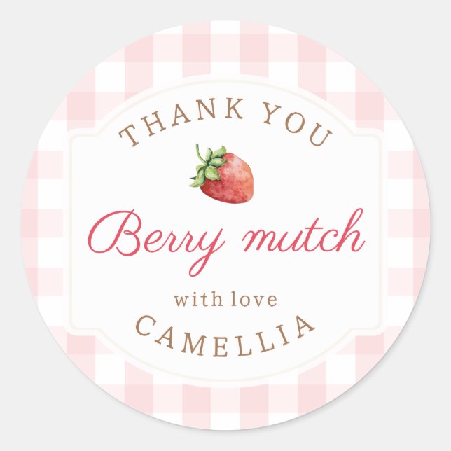 Sweet Strawberry Pink Gingham Thank You  Classic Round Sticker (Front)