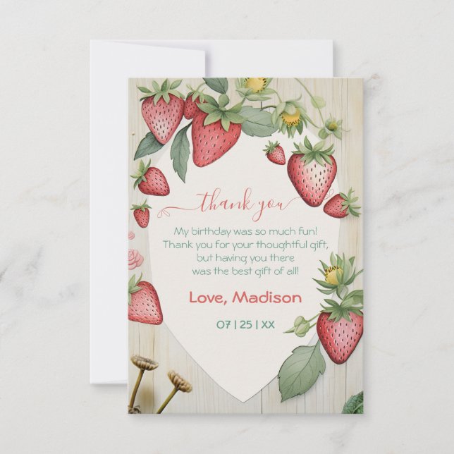 Sweet Strawberry Shape Berry First Birthday Thank You Card (Front)