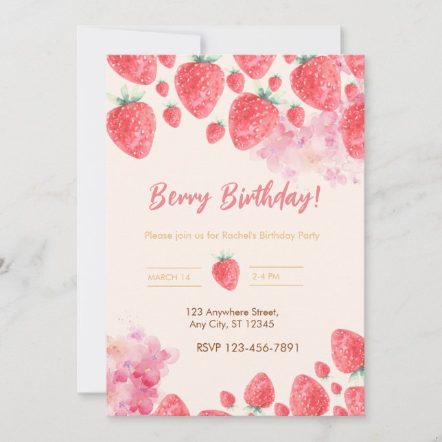 Sweet Strawberry Soiree: Birthday Party Invitation (Front)